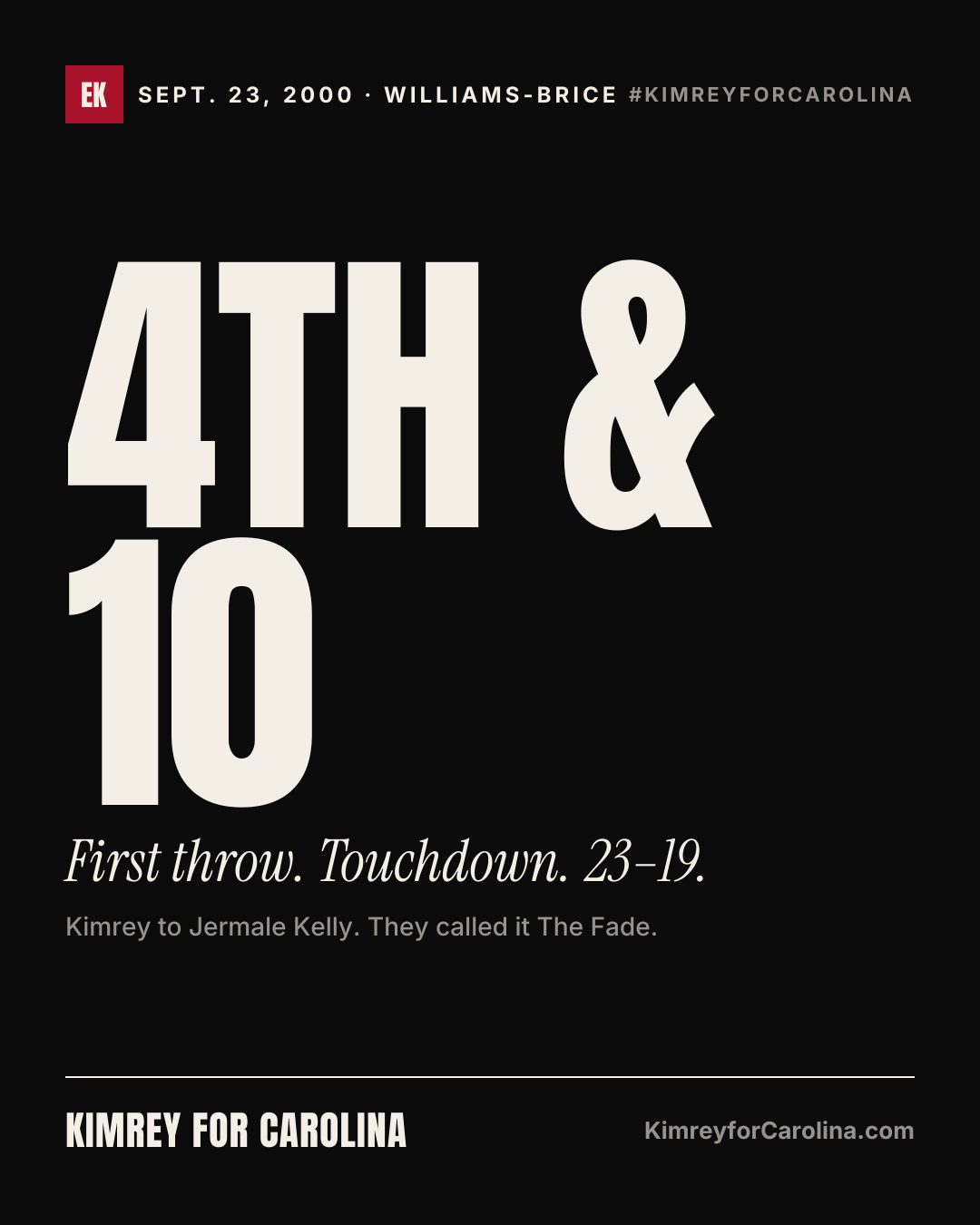 4th & 10: First throw. Touchdown. 23–19. Kimrey to Jermale Kelly. They called it The Fade.