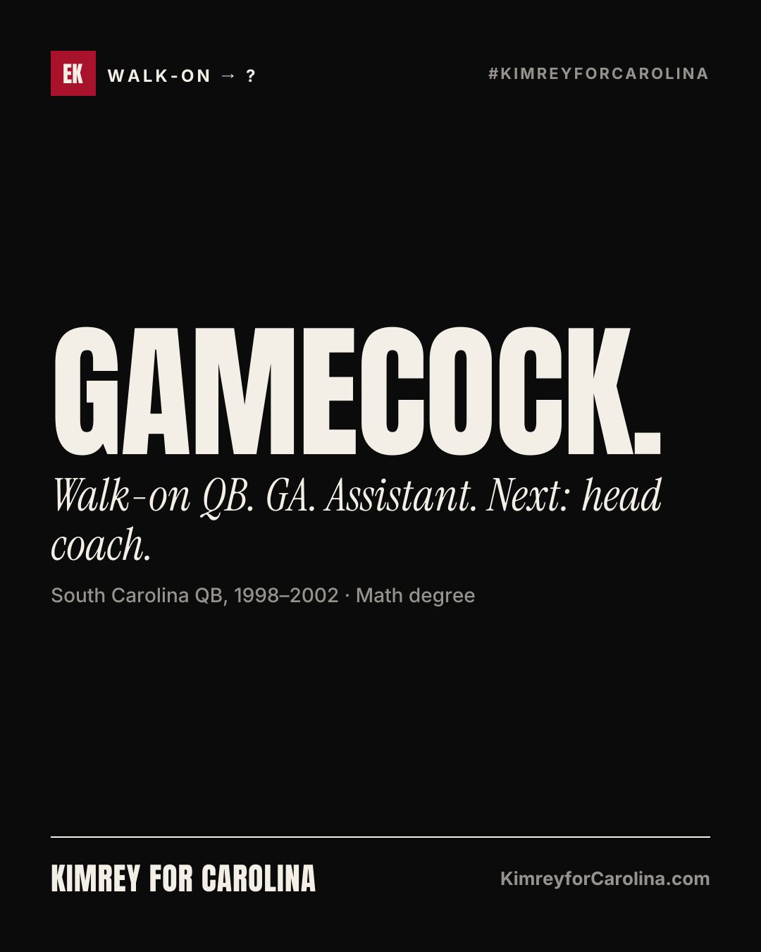 Gamecock.: Walk-on QB. GA. Assistant. Next: head coach. South Carolina QB, 1998–2002 · Math degree